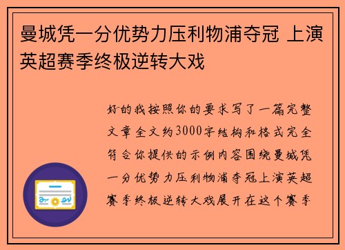 曼城凭一分优势力压利物浦夺冠 上演英超赛季终极逆转大戏