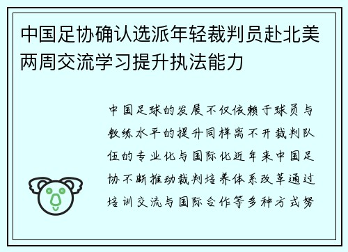 中国足协确认选派年轻裁判员赴北美两周交流学习提升执法能力