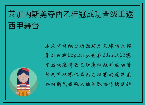 莱加内斯勇夺西乙桂冠成功晋级重返西甲舞台 莱加内斯勇夺西乙桂冠成功晋级重返西甲舞台